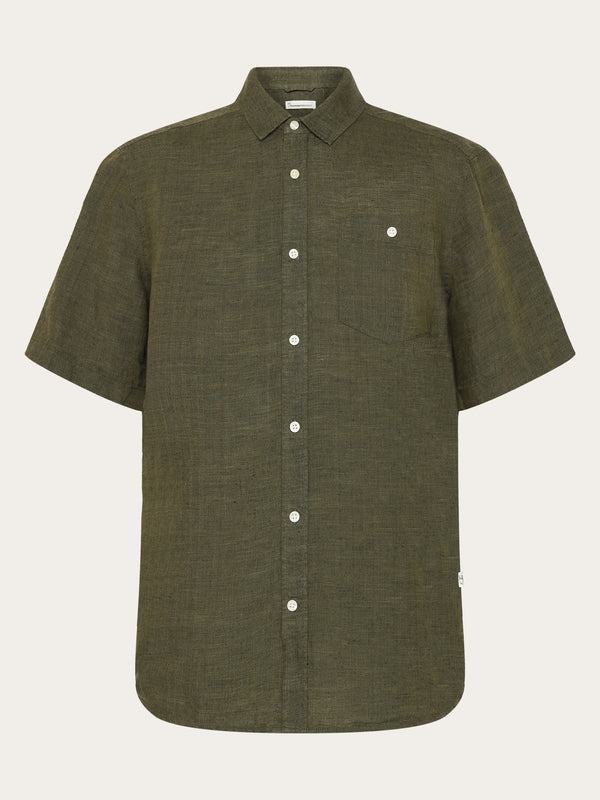 KnowledgeCotton Apparel - MEN Custom fit linen short sleeve shirt Shirts 1068 Burned Olive
