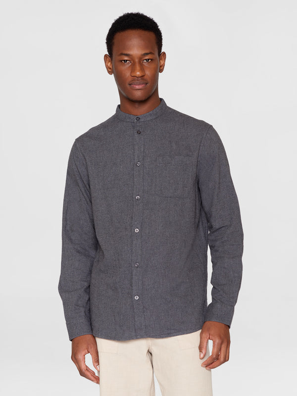 KnowledgeCotton Apparel - MEN Regular fit melangé flannel stand collar shirt Shirts 1073 Dark Grey Melange